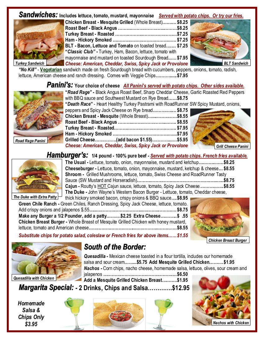 Route 66 Road Runner | Sandwiches | Paninis | Hamburger | Turkey | Cheese | Grilled 